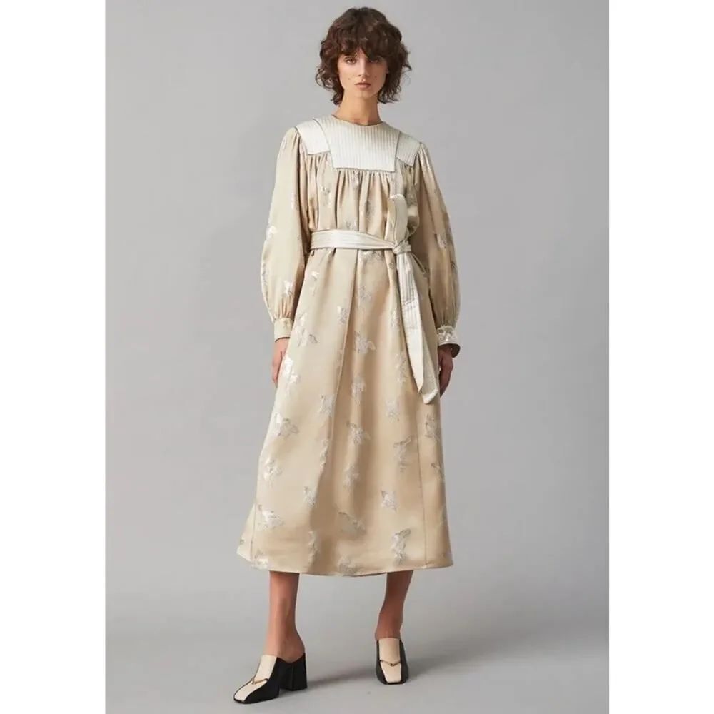 Tory Burch Silk Metallic Embroidered Midi Dress Belted Relaxed Fit Small